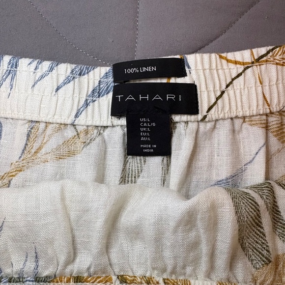 Tahari Ivory Yellow Green Blue Leaf Tropical Linen Ruffle Mini Skirt Size L - Picture 3 of 4